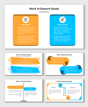 Merit Vs Demerit Goods slides compare benefits, harms, and policies using orange-blue icons, arrows, and infographics.
