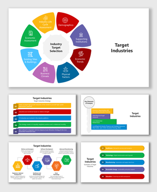 Target Industries slide with colorful icons, bars, and infographics highlighting selection factors and strategies.