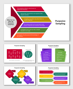 Purposive Sampling infographic with multicolor arrows, text blocks & shapes explaining key points.