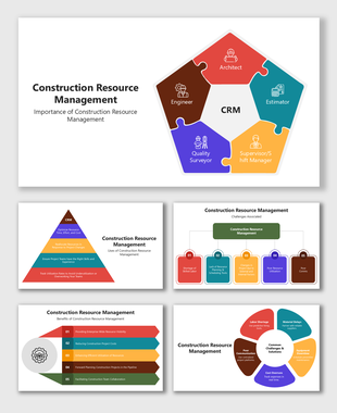 Construction Resource Management infographic with multicolor puzzle, arrow & charts showing roles & benefits.
