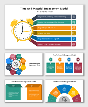 Time And Material Engagement Model infographic with colorful clock, phases, icons, and text holders.
