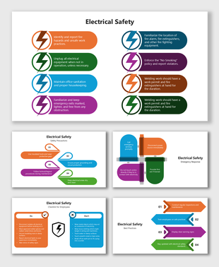 Electrical Safety slides show colorful arrows, icons, checklists for hazards, precautions, best practices, and response.