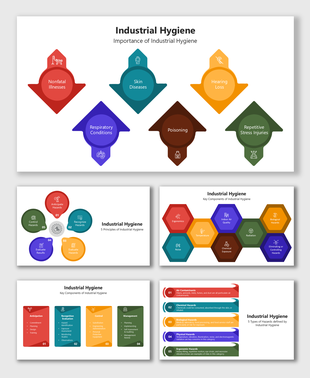 Industrial Hygiene infographic with colorful arrows, hexagons, and blocks explaining risks, components, and principles.