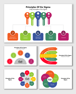 Principles Of Six Sigma slides use colorful keys, circles, shapes to show goals, teamwork, steps, and customer focus.