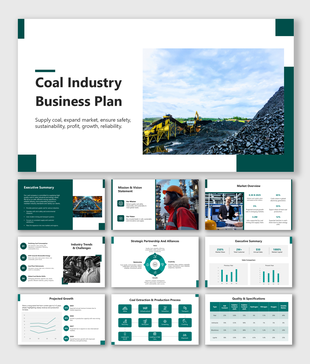 Coal Industry Business Plan with charts, coal images, process icons, market data, and green text shapes.