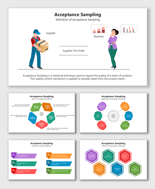 Acceptance Sampling slides with supplier, business, graphs, colorful hexagons, circular apps, objectives bars, and icons.