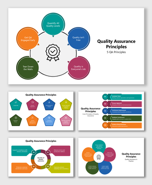 Quality Assurance Principles slides with badge icon, circular flow, pentagons, bars, benefits blocks, and petal diagram.