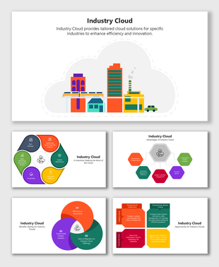 Industry Cloud slides with cloud-city graphic, colorful icons, hexagons, Venn diagram, and industry-specific solutions.