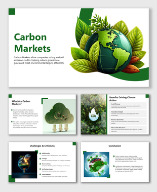 Carbon Markets slides with green globe, CO2 icons, leafy visuals, and text on benefits, issues, and impact.