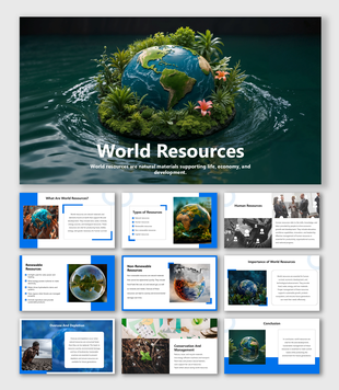 World Resources slides with Earth visuals, resource types, human impact, blue themes, and eco graphics.