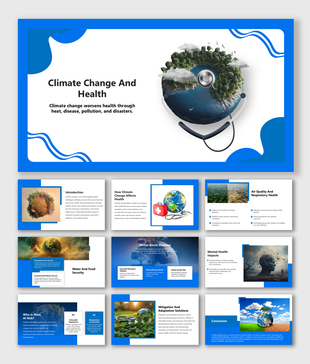 Climate Change And Health slides with stethoscope-globe, blue theme, icons, and health impact visuals.