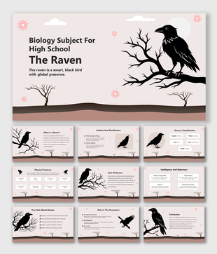 Biology Subject For High School The Raven slides show raven traits, behavior, diet, and role in ecosystem.