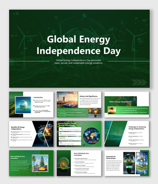 Global Energy Independence Day slides with wind turbines, green theme, clean energy tips, and global charts.