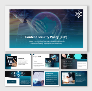 Content Security Policy slides with blue tones, shield icons, text boxes, and visuals explaining CSP benefits and features.