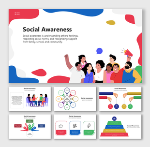 Social Awareness slides with diverse group illustration, colorful charts, and visuals explaining empathy and benefits.