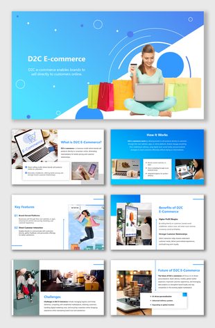 D2C E-commerce slides with shopping visuals, blue theme, and sections on features, benefits, challenges, and future.