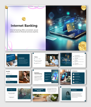 Internet Banking slides with card and mobile visuals, blue-violet theme, and sections on benefits, security, and features.