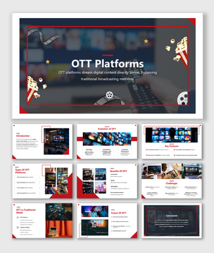 OTT Platforms slides with red theme, streaming visuals, media icons, and sections on types, features, and benefits.