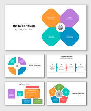 Digital Certificate slides with colorful shapes, icons, and sections on types, benefits, usage, and verification.