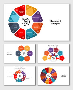 Document Lifecycle slides with colorful hexagons, circular flow, and stages like creation, review, and publishing.
