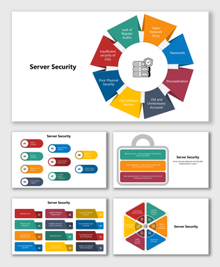 Server Security slides with colorful shapes, icons, and text showing risks, solutions, and Cyber Threats.