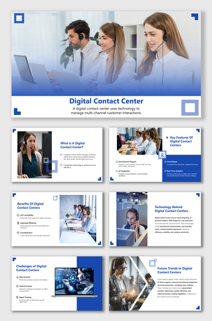 Digital Contact Center slides with blue-white design, agent images, icons, shapes, and Cyber Threats info.