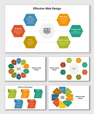Effective Web Design slides with colorful shapes showing principles, tips, usability, and visual elements.