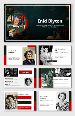 Enid Blyton slides with photos, books, red-black theme, text holders, Customer Order Cycle.