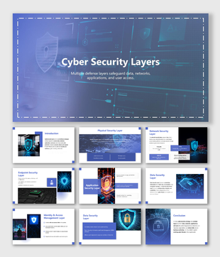 Cyber Security Layers slides with shields, locks, blue theme, text holders, shapes, Customer Order Cycle.