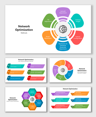 Network Optimization slides with colorful charts, hexagons, flow arrows, text blocks, and Digital Certificate.