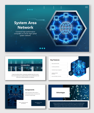 System Area Network slides with neon hexagon, computers, blue graphics, key features, text blocks, and advantages.