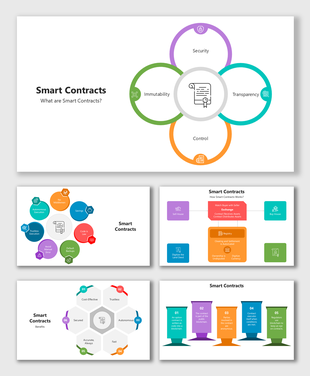 Smart Contracts slides with colorful shapes, icons, and text showing features, workflow, and benefits.