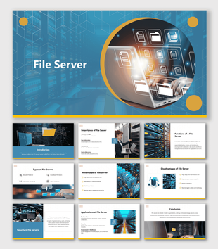 File Server slides with blue-yellow theme, icons, server images, laptops, text holders, and shapes.