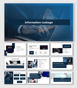 Information Leakage slides with blue theme, hacker visuals, risks, causes, examples, and prevention.