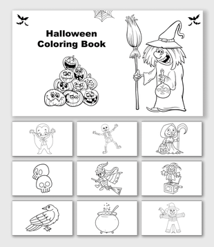 Halloween Coloring Book with witch, pumpkins, ghost, skeleton, skulls, cauldron, scarecrow, crow, and shapes.