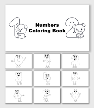 Numbers Coloring Book with cartoon digits 0–8, pigs, smiling faces, arms, legs, shapes, and text holders.