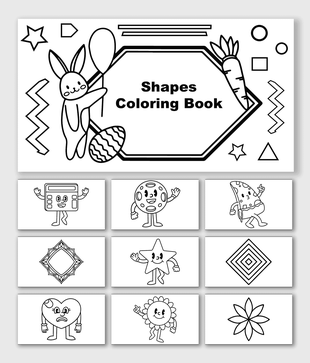 Shapes Coloring Book with circle, square, star, heart, flower, diamond, bunny, balloons, carrot, zigzags, and text.