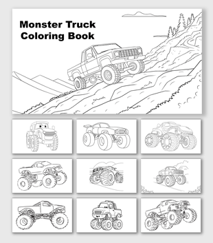 Monster Truck Coloring Book with big trucks, giant wheels, rocky hills, dirt tracks, outdoor scenery, and shape.