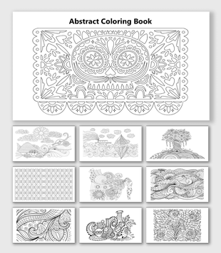 Abstract Coloring Book with floral patterns, swirls, waves, tree, iceberg, circles, geometric shapes, and textures.