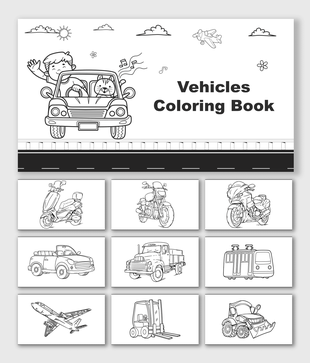 Vehicles Coloring Book with cars, bikes, scooter, truck, train, airplane, forklift, bulldozer, road, clouds, and shapes.