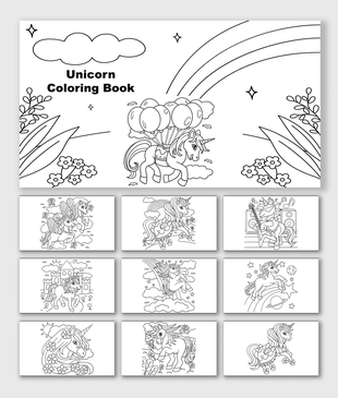 Unicorn Coloring Book with unicorns, rainbow, balloons, stars, flowers, castle, clouds, planets, music, and shapes.