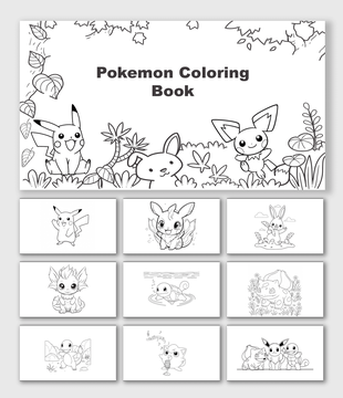 Pokemon Coloring Book with Pikachu, Eevee, Bulbasaur, Squirtle, Charmander, Jigglypuff, plants, flowers, and shapes.
