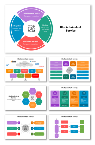 Blockchain As A Service with cloud setup, SaaS, PaaS, IaaS, BaaS, benefits, use cases, shapes, and text.