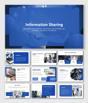 Information Sharing slides with data exchange visuals, teamwork images, blue shapes, and text holders.