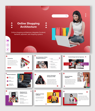Online Shopping Architecture slides with frontend, backend, payment, and shipping visuals in red theme.
