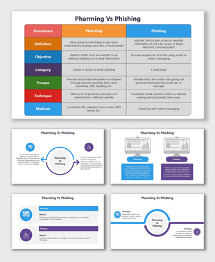 Pharming Vs Phishing slides comparing cyber fraud techniques, visuals, DNS spoofing, email scams, and text boxes.