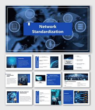 Network Standardization slides with blue global tech visuals showing protocols and connectivity.