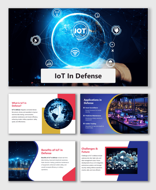 IoT in Defense slide showing global network, sensors, drones, and military tech in blue-red theme.