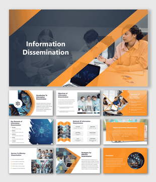 Information Dissemination slide showing global data sharing, communication flow, and blue digital theme.