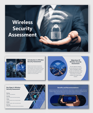 Wireless Security Assessment slides showing lock and Wi-Fi icons with blue tech visuals and shapes.